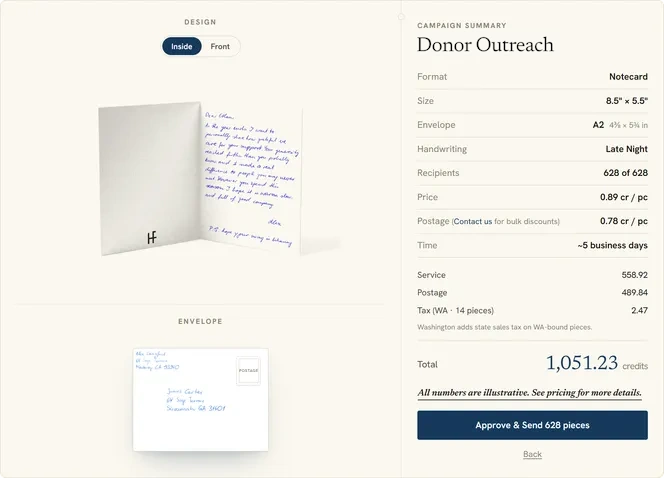 Campaign summary — review the note, the envelope, and the total, then approve and send